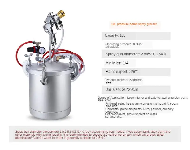 Paint Tank 2-1/2 Gallon Pressure Pot Paint Tank Paint 10L Air Fluid Hoses Housekeeping or Commercial Painting