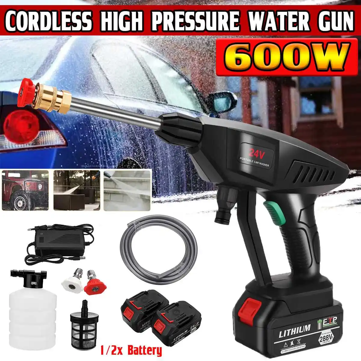 

600W 24V Cordless Electric Car Washer Machine Kit Portable High Pressure Battery Washing Auto Spray Garden Tool Water Gun Set