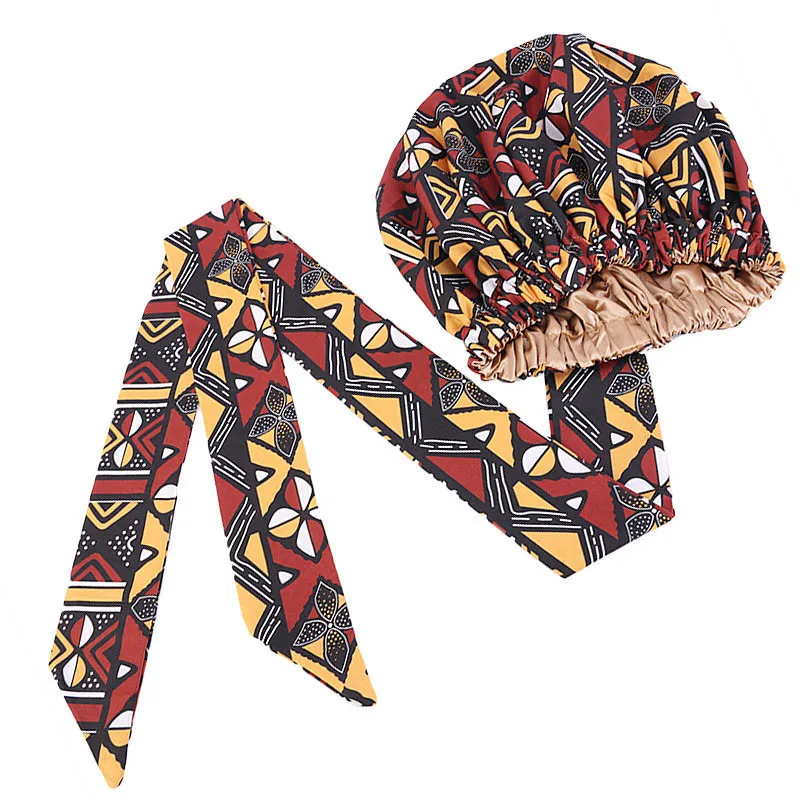 African Print Satin Bonnet with Long Ribbon Wrap Double Layer Headwrap Ankara Pattern Women Hair Cover Large Size Hair Wrap Cap