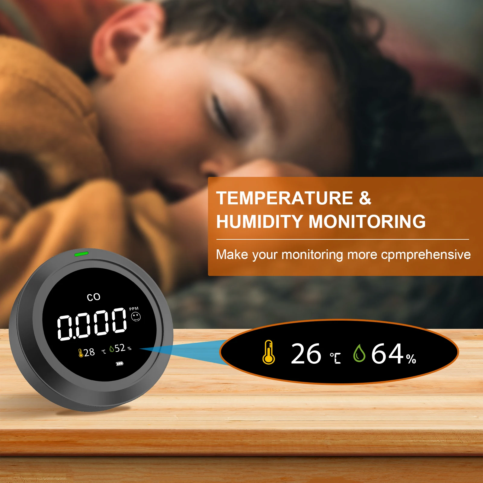 FABISENSE CO Meter Portable CO Monitor with Ambient Temperature Humidity 0~500ppm Air Quality Detector for Bedroom Office Car