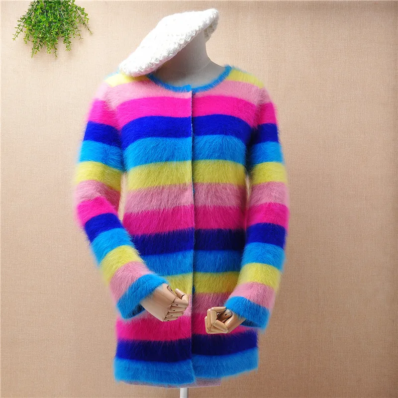 female women fashion hairy rainbow striped angora rabbit fur knitted long sleeves slim cardigans angora rabbit fur jacket coat