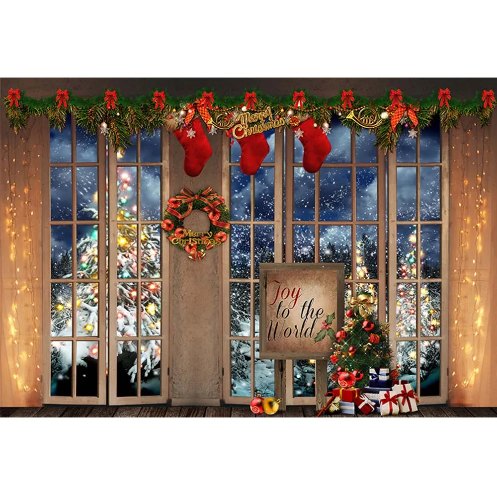 Photography Backdrops Christmas Party Background Cuddle Up Dark Wooden Cozy Cabin Room Backdrops Window Light Tree Gifts Stove