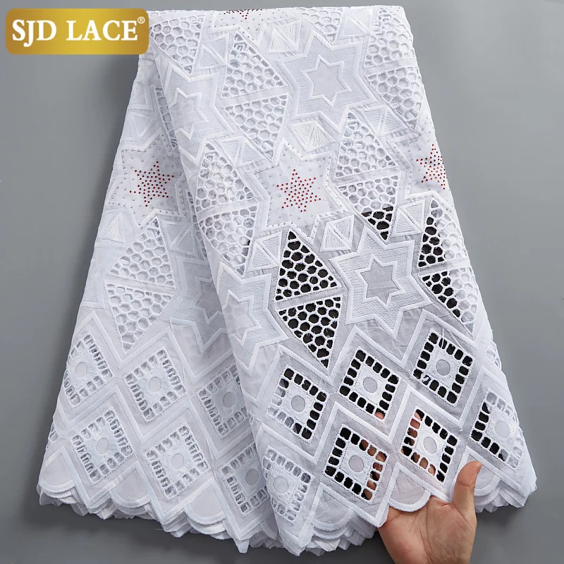 

SJD LACE White 100%Cotton High Quality African Lace Fabric 5Yards Soft Swiss Voile Lace In Switzerland For Party Dress Sew A2447