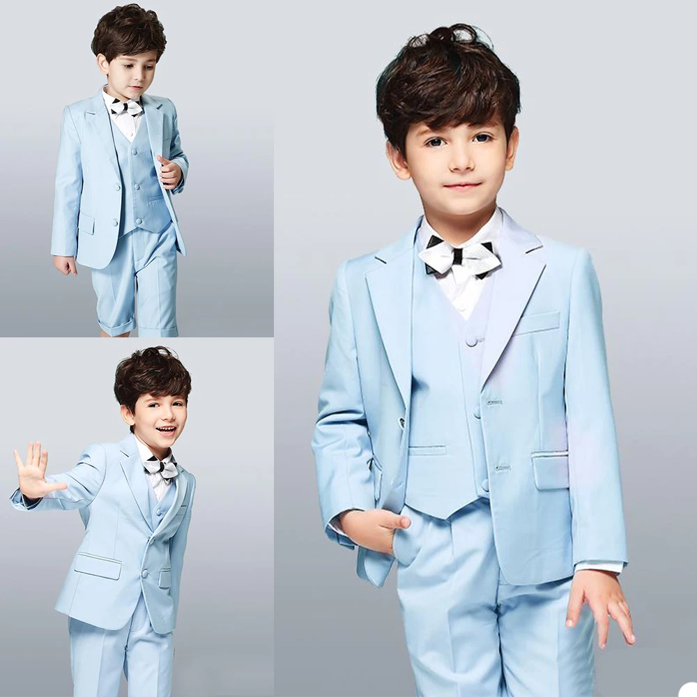 Boys' Attire Kids Suits Handsome Two-Button Back Split Clothing Set Custom Made 3 Pieces Wedding Suits (Jacket+Shorts+Vest)