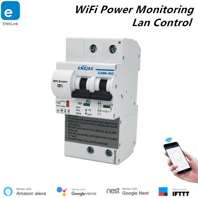 

Smart 2P WiFi Circuit Breaker Power Monitoring Meter Function Smart Breaker Alexa Google Home Compatible Lan Control