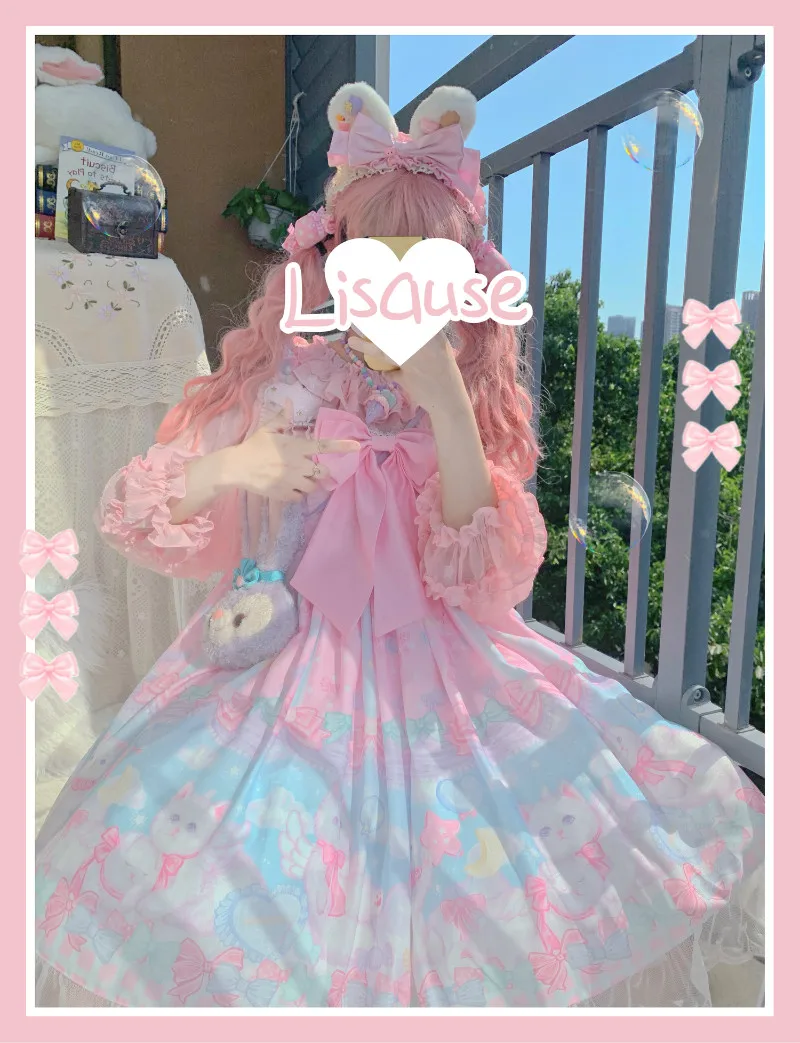 Palace Sweet Princess Lolita Strap Dress Vintage stampa a vita alta abito vittoriano Kawaii Girl Gothic Lolita Cos Loli Jsk Cat