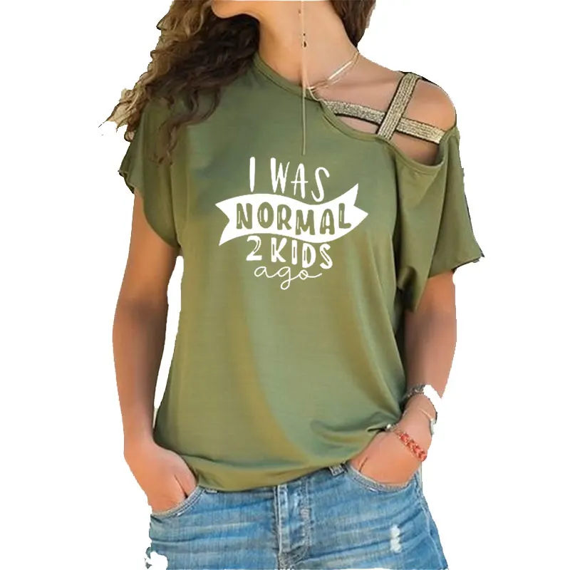 

Summer I Was Normal 2 Kids Ago T-shirt Printing T-Shirt Women Irregular Skew Cross Bandage Tops Tee