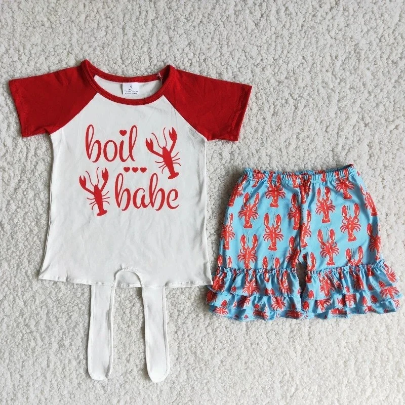 Wholesale Baby Girls Boutique Summer Clothing Crawfish Jumpsuit Lace Romper Newborn Infant Boil Babe Crayfish Children Overalls