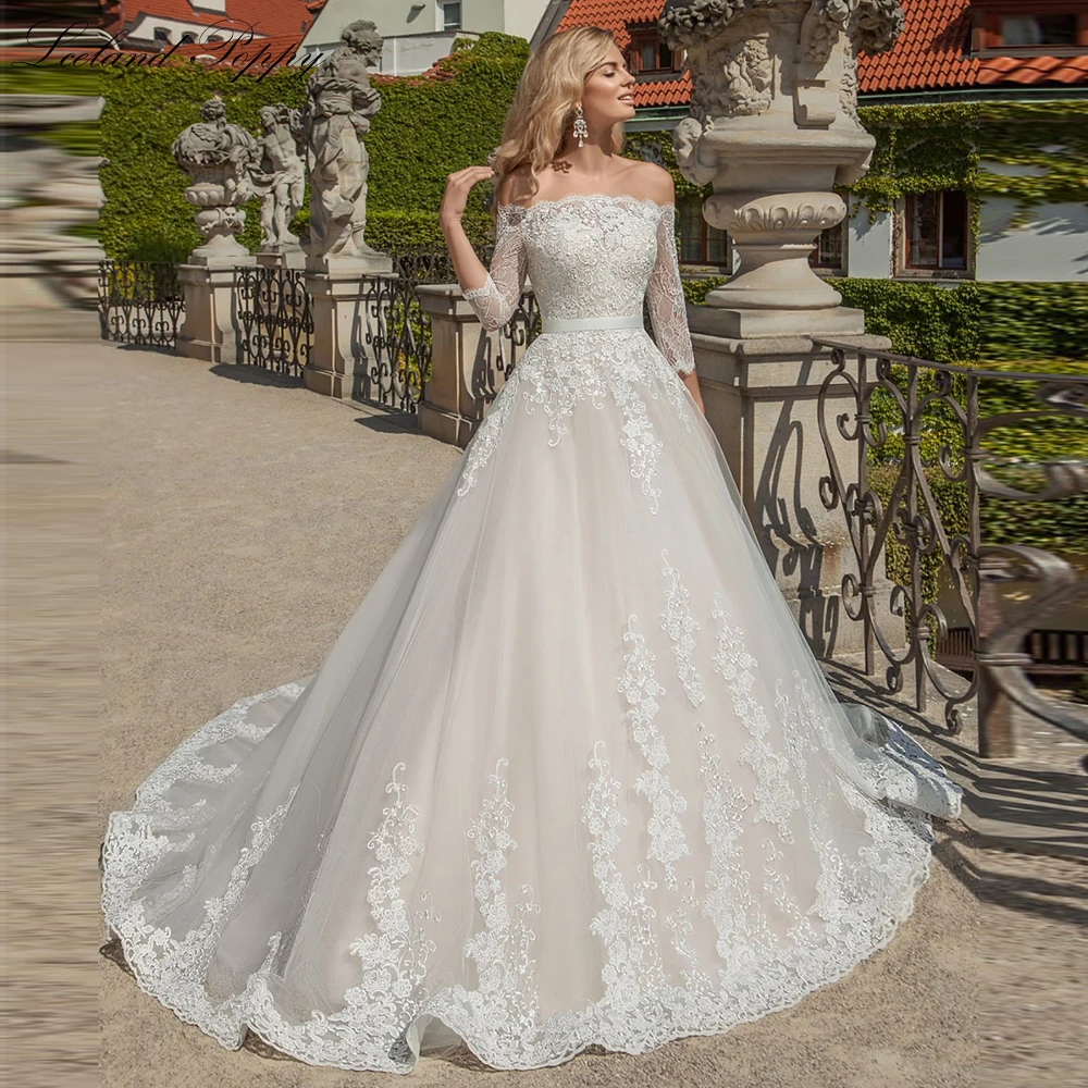 Lceland Poppy Customized A Line Boat Neck Lace Wedding Dresses Half Sleeves Bridal Gowns with Belt