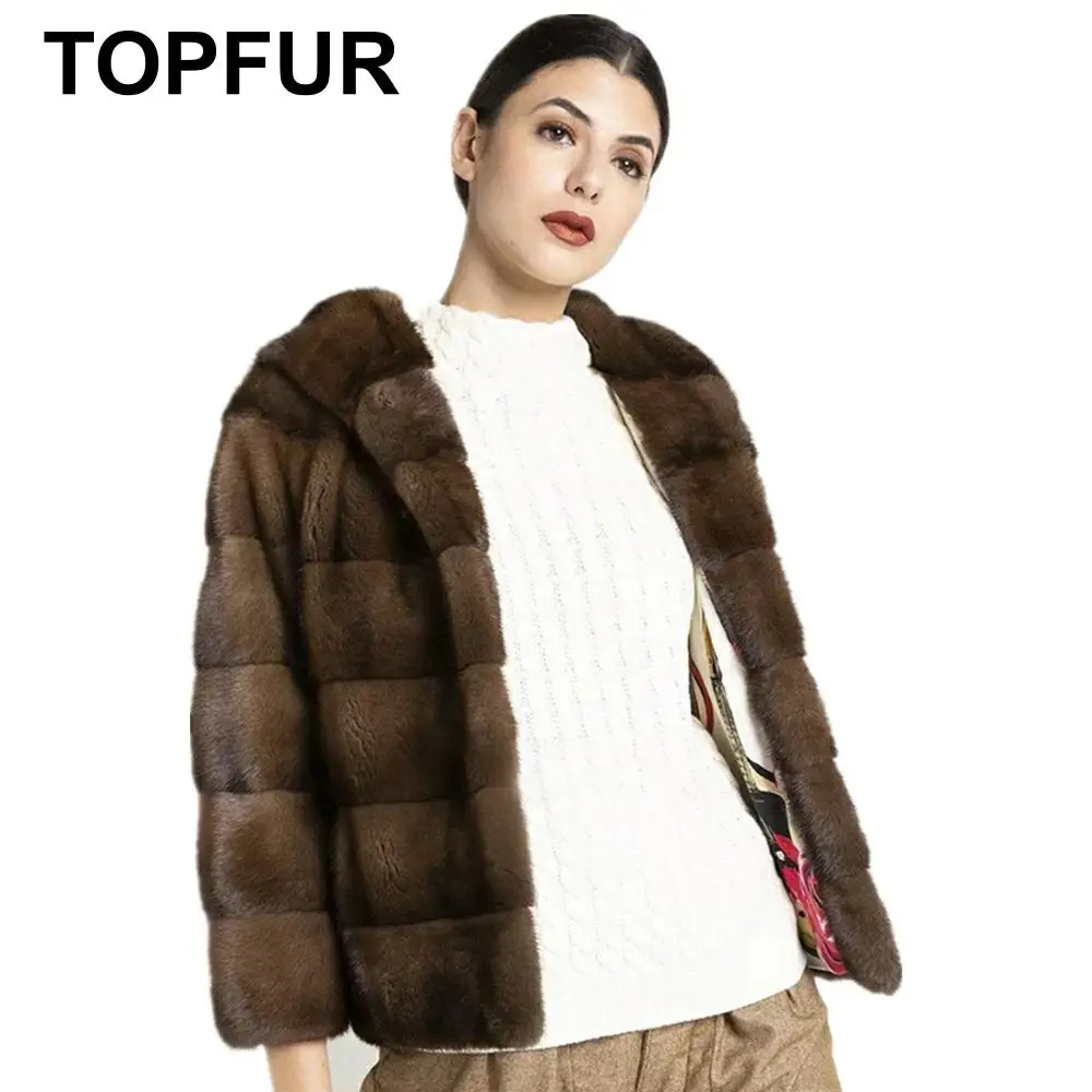 

TOPFUR Brown Fur Coat With Hooded Real Fur Coat Women Winter Natural Mink Fur Coat Short Three Quarter Sleeves Loose Jacket