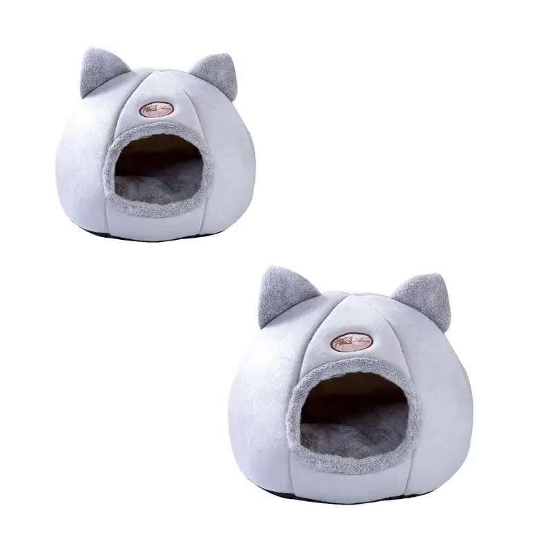 H55A Cute Foldable Cat Bed Nest Indoor Dog House Removable Mattress Cage Semi-closed Warm Kennel Winter Pet Nests