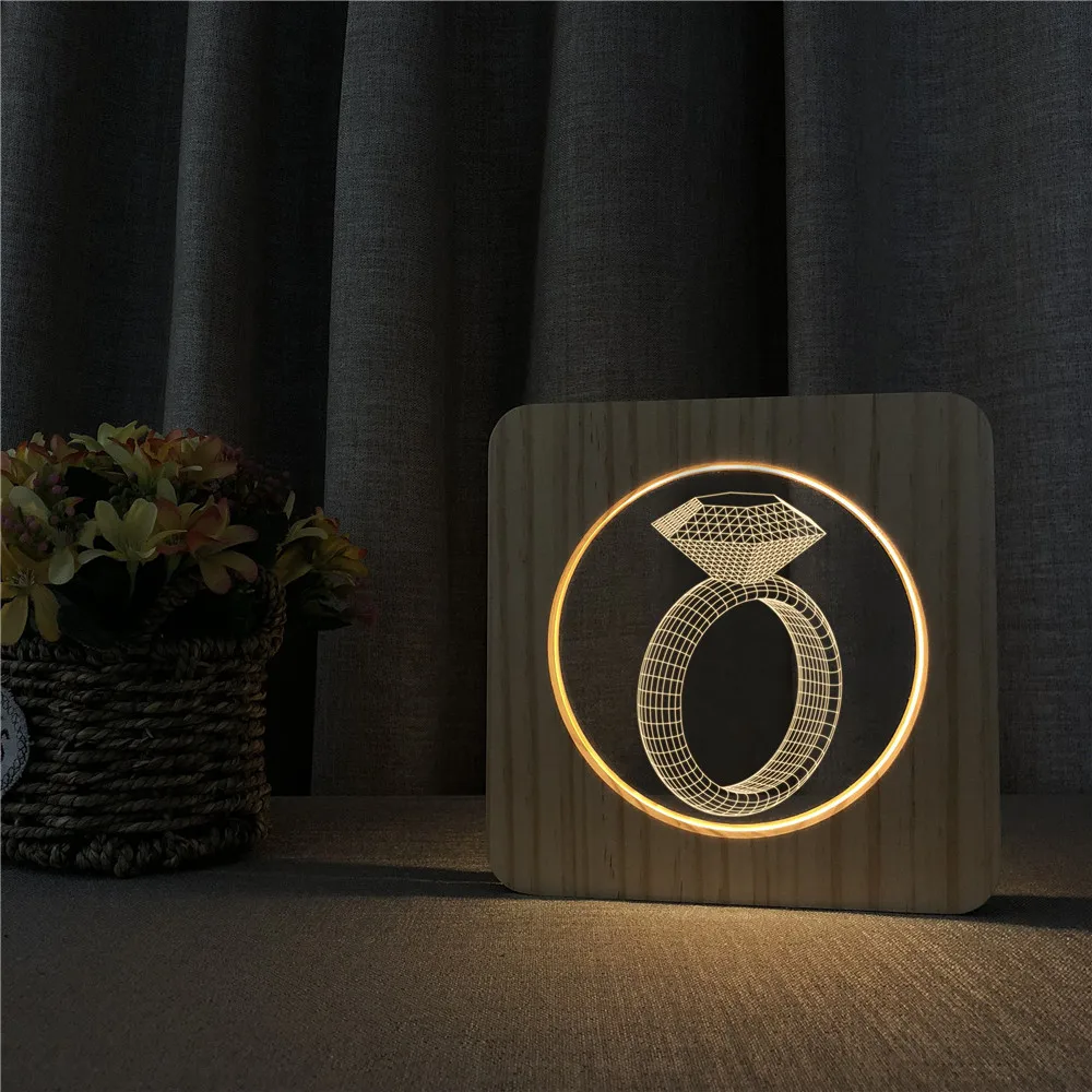 Diamond Ring 3D LED Arylic Wooden Night Lamp Table Light Switch Control Carving Lamp for Loves Anniversary Birthday Gift