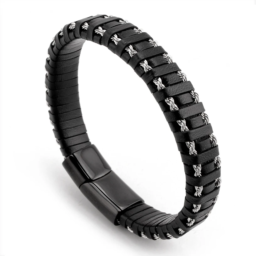 

Classic Luxury With Black Color Leather Combination Stitching Simple Buckle For Stainless Steel Hand-Woven Men's Bangle