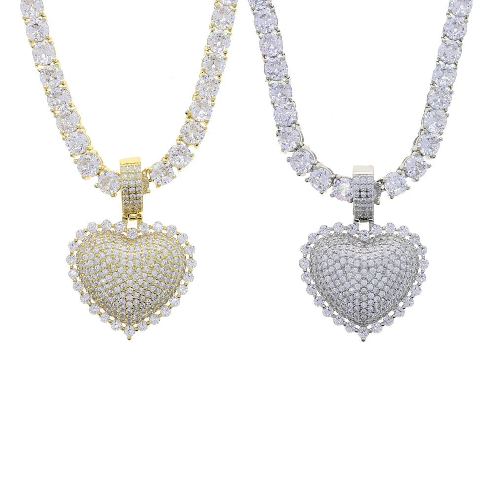 골드 실버 컬러 5MM CZ 테니스 체인 하트 초커 힙합 풀 아이스 큐빅 지르코니아 CZ 스톤 하트 참 목걸이 쥬얼리
