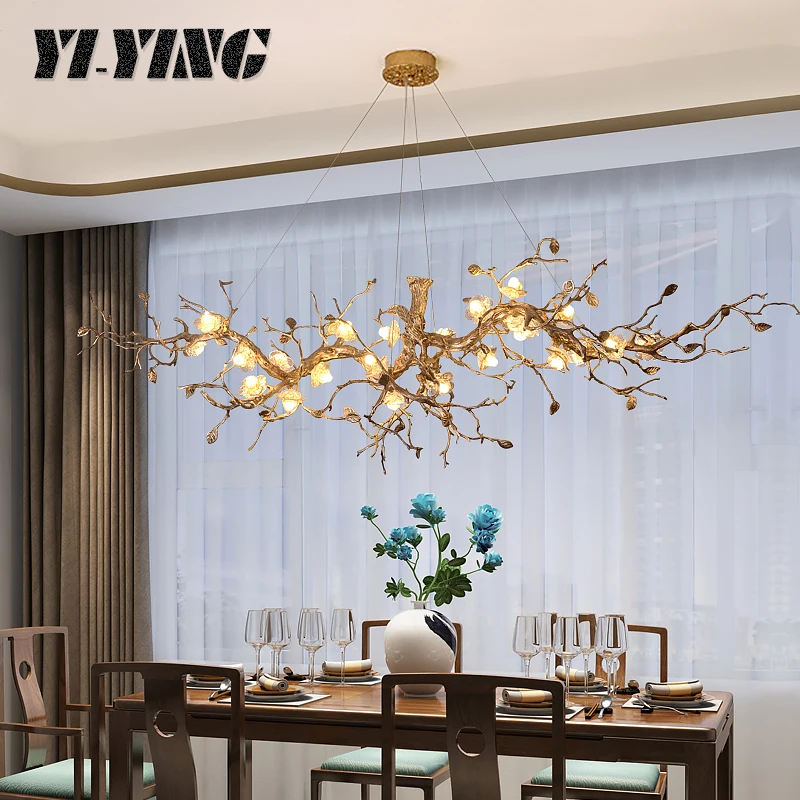 New Chinese teahouse lamp postmodern restaurant long chandelier villa Zen teahouse art copper branch custom lamps