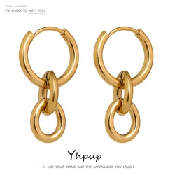 Yhpup Stainless Steel Round Huggie Earrings Minimalist Golden Metal Texture Unusual for Women Charm Jewelry украшения бижутерия