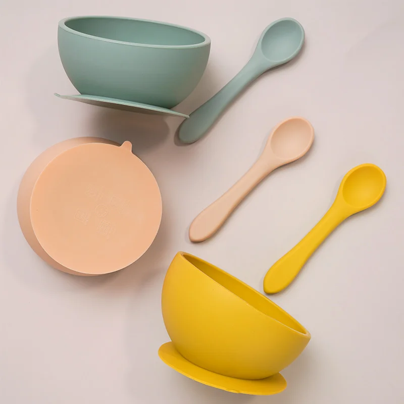 BPA Free Infant Feeding Tableware Set Baby Non Slip Sucker Bowl  Toddler Training Plate With Soft Silicone Spoon.