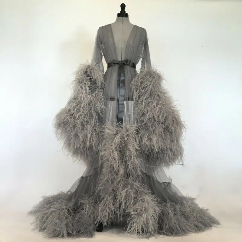 Gray Lady Nightgown Women Sleepwear Long Robes Wedding Bridal Pajamas Faux Fur