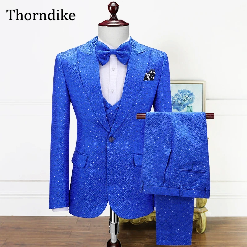 

Thorndike Men Suit Set with Peaked Lapel Single Button 3pcs Blue Jacket Vest And Pants Custom Made Groomsmen Tuxedos Blazer Set