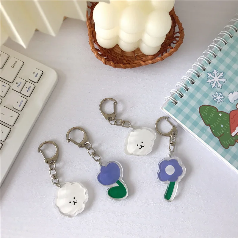 Cartoon Cute Puppy Floret Key Holder Korean Ins Acrylic Student Kawaii Backpack Decorative Pendant Keychain Toy Trinket