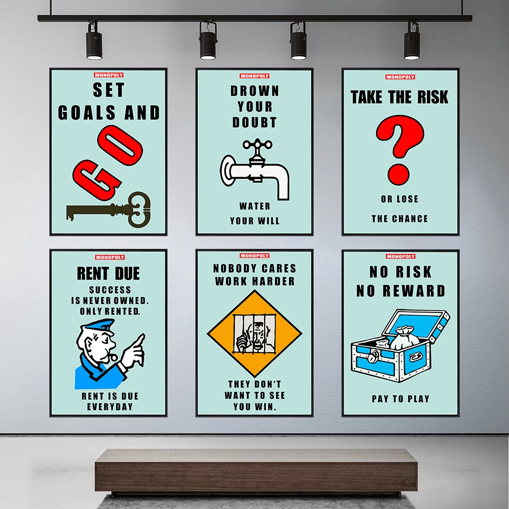Напечатанные на 6 комплектов официальной монополии, вдохновляющие успехи, работа, домашняя стена, художественная печать, украшение, картина, плакат, безрамное боли