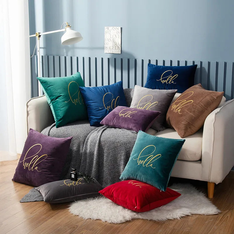 45x45cm Cushion Cover Soft Velvet Home Decorative Pillow Cover Hello Embroidery /30x50cm/55x55cm Blue Green Red Grey Purple