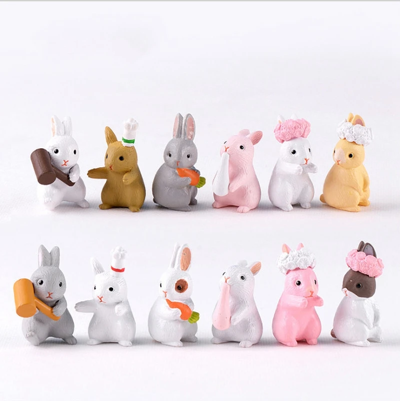 12PCS Set Miniature Figure Ornaments Rabbit Easter Day Mini Toy Cake Home Flower Decorations 3.8cm