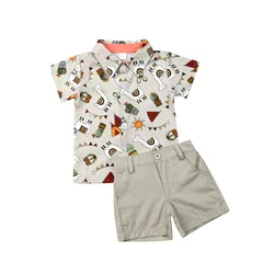 1-5Y Summer Baby Boy Cartoon Print Shirt Tops+Pants Gentleman Outfits Kids Clothes Toddler 2PCS Set