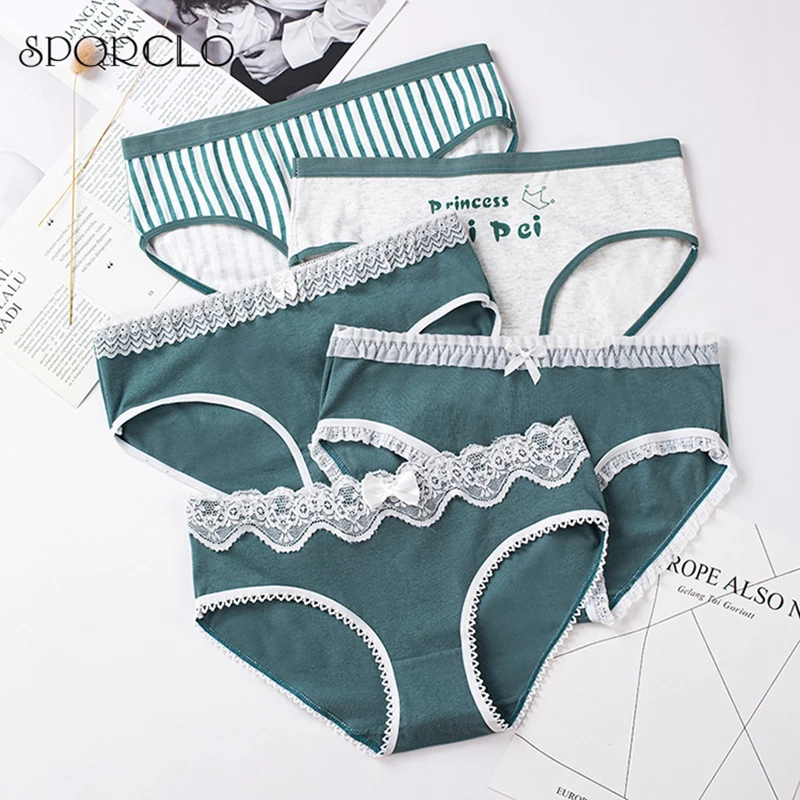 

SPORCLO 1 PC 5 Styles White Lace Cotton Panties For Girls Women Cute Striped Underwear Mid Waist Soft Breathable Briefs Lingerie