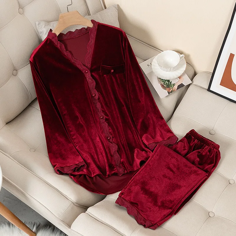 Velvet Pajamas Women Autumn Winter Sleepwear Long Sleeve Casual Nightwear Pyjamas Suit Loose Home Clothes Lace Trim Sleep Set