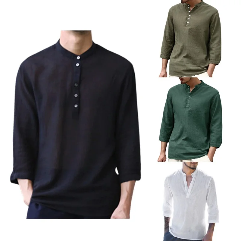 Solid Color Mid-sleeved Shirt V Half-open Collar Shirt Casual Long-sleeved Shirt Medieval Vintage Men Shirt