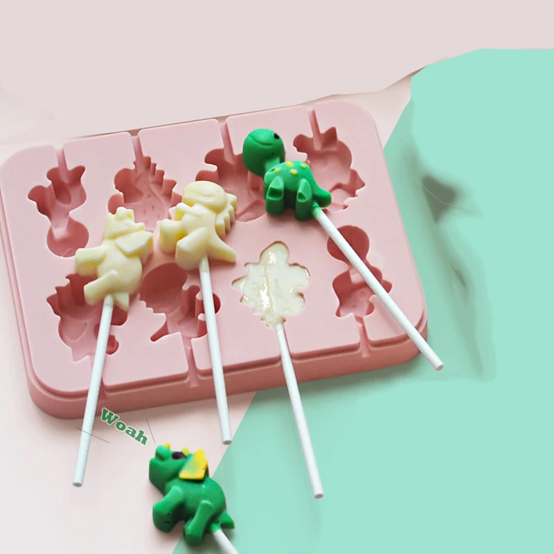 Dinosaur Shapes Silicone Lollipop Molds 8 Holes Cartoon DIY Chocolate Candy Fondant Cake Decorating Moulds Baking Utensils