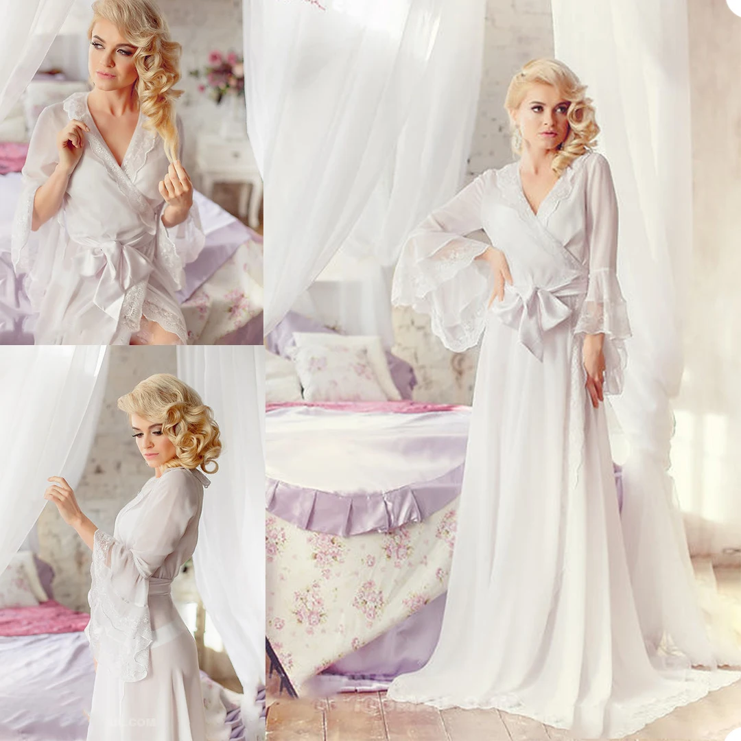 

Spring Sexy Bridal Women Lingerie Satin Silk Lace Patchwork Gown Bathrobes Long Nightdress Bride Kimono Robe with Belt