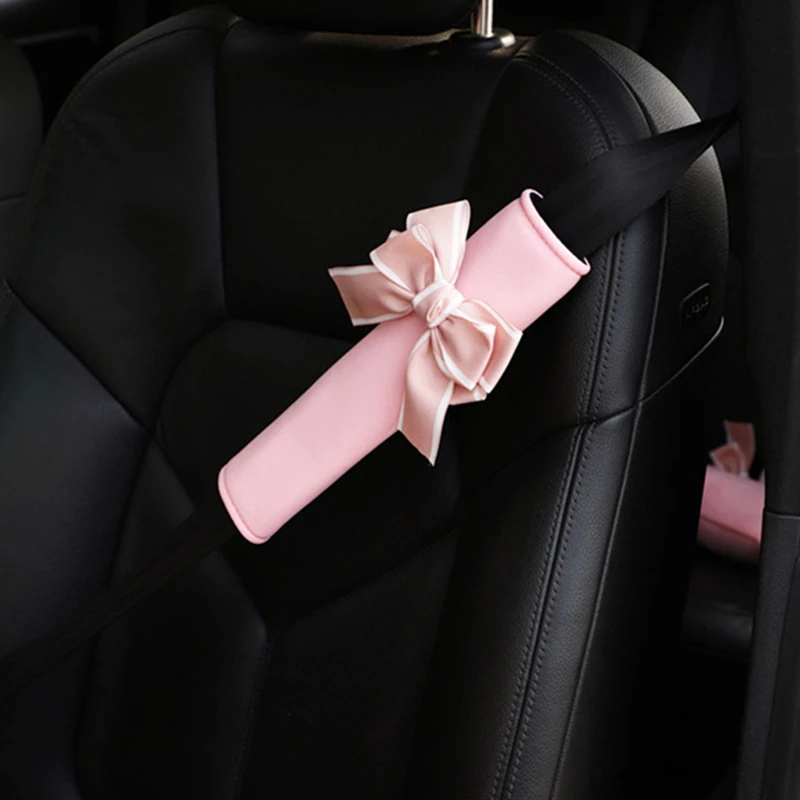 Cute Bowknot Universal Car Seat Headrest Neck Pillow Auto Seat Belt Cover Shoulder Pad Car Accessories Interior for Women Pink