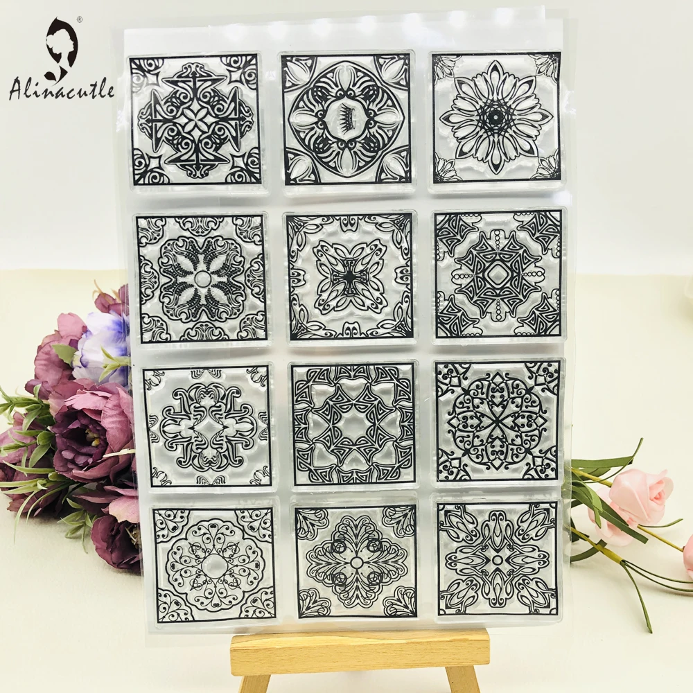 Alinacutle CLEAR STAMPS Vintage Tile Square Ceramic Scrapbooking Card Album Paper Craft Rubber Roller Transparent Silicon Stamp