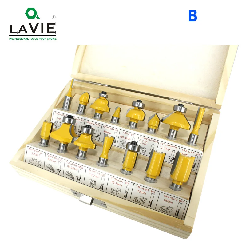 LAVIE 15pcs 8mm Set di punte per Router taglio fresa dritta per punte per legno taglio in carburo di tungsteno lavorazione del legno MC02006