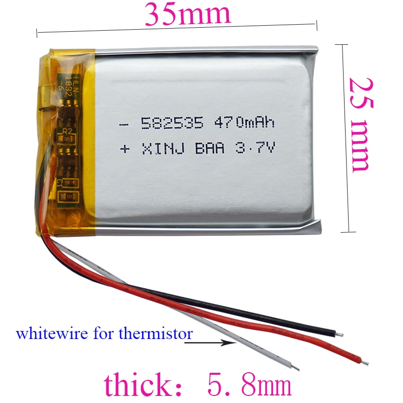 3.7V 470mAh 1.74Wh Li-Polymer Li Lithium Battery 582535 Lipo 3 Wires NTC Thermistor For Bluetooth GPS Driving Recorder Dashcam