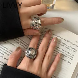 LIVVY Silver Color Creative Portrait Face Wide Ring Gothic Punk Finger Rings For Men Women Fashion Jewelry Adjustable