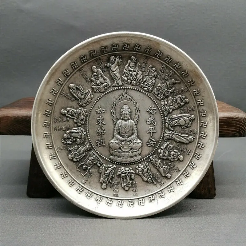 Old Chinese Antique Collection of 18 Arhat Buddha Dish Tibetan Silver