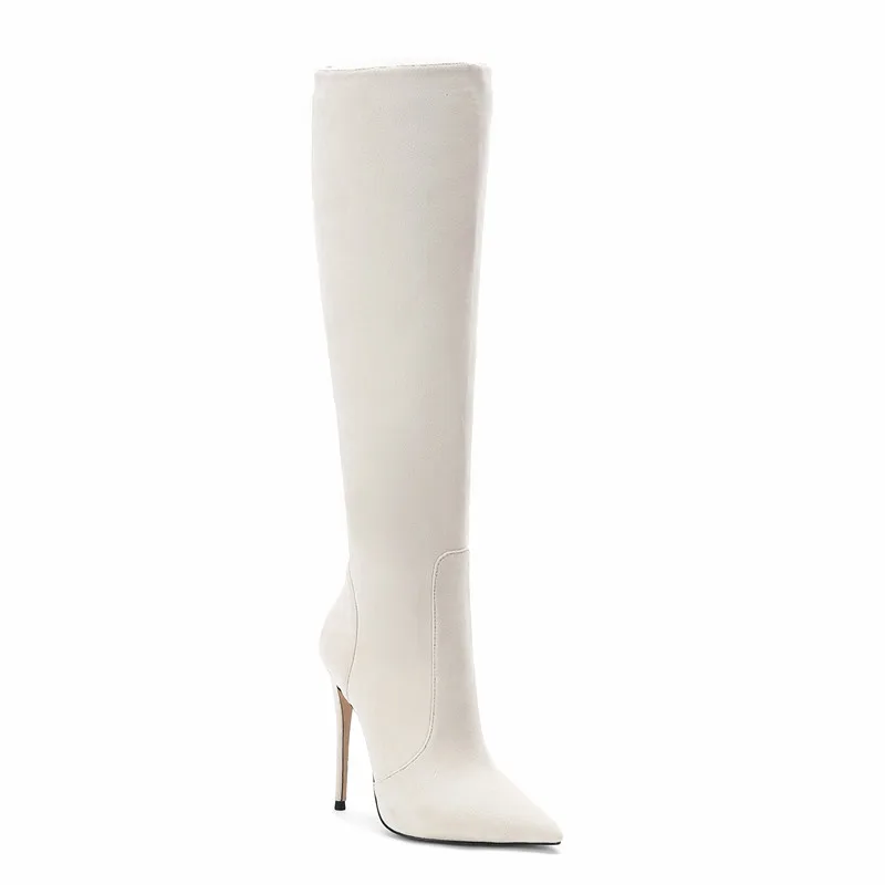 Black Thin Heel Women Knee High Boots Sexy Nubuck Ponited Toe White Boots Fashion Handmade Customized 10-12Cm High Knee Boots