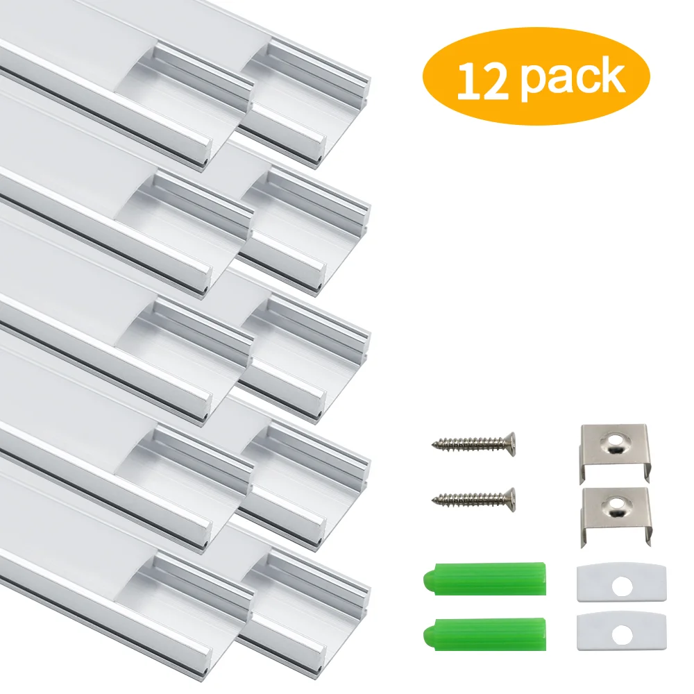 12Pack 3.3ft/1M Silver  LED Aluminum Channel U with Milky Cover, End Caps and Clips for LED Strip Light Installations