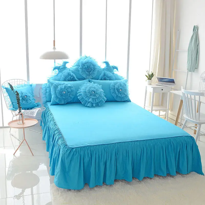 Luxury Princess Bedding Sets Korean Style Blue Lace Flowers Duvet Cover Bed Skirt Bedspreads Cotton Solid Color Home Textile