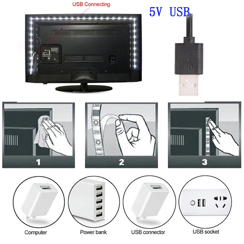 DC 5 V USB Dây Đèn Led Ánh Sáng Truyền Hình Máy Tính 2835 Không Chống Nước Ấm Băng Trắng Diode USB 5 V Volt dây Đèn Led Đèn Cho Tivi Đèn Nền Máy Tính