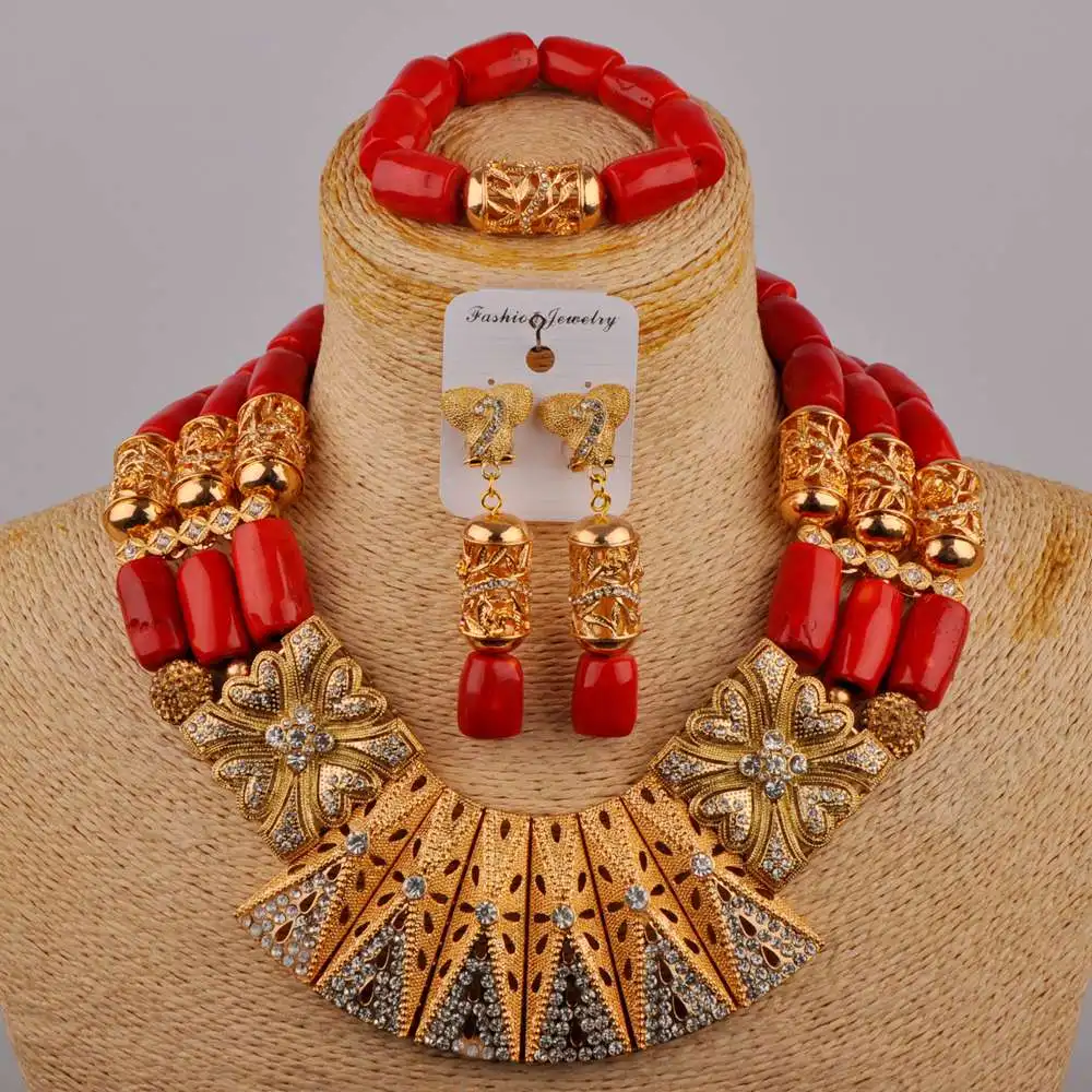 

Fashion Short Neck Red Natural Coral Necklace Nigeria Wedding Bride Wedding Jewelry Africa Wedding Accessories Set AU-475