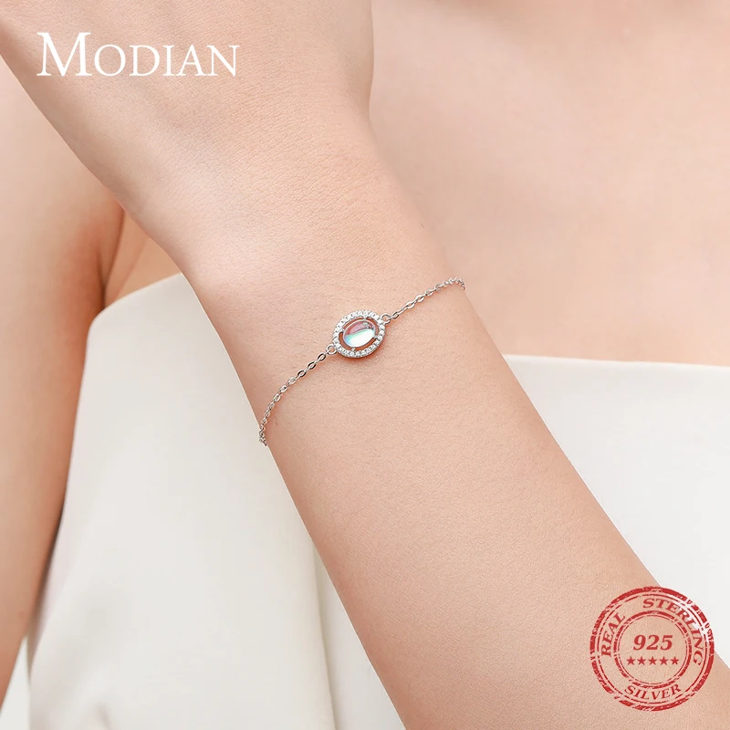 MODIAN Genuine 925 Sterling Silver Luxury Elegant Oval Natural Moonstone Chain Bracelet For Women Romantic Simple Fine Jewelry