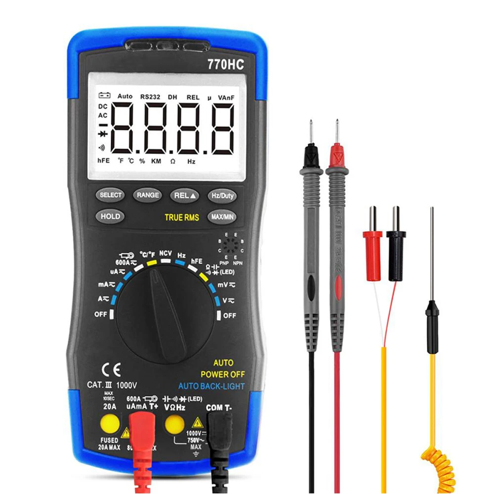 Digital Multimeter 770HC Auto Ranging AC/DC Voltage Current True RMS with NCV Feature and Temperature/Frequency/Duty Cycle Test