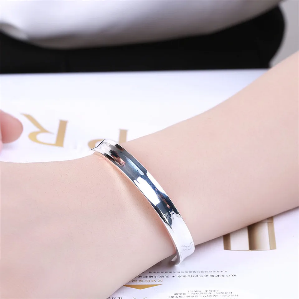 Fashion 925 Sterling Silver Smooth Round Opening Bracelets Bangles For Women Minimalist Wedding Engagement Jewelry