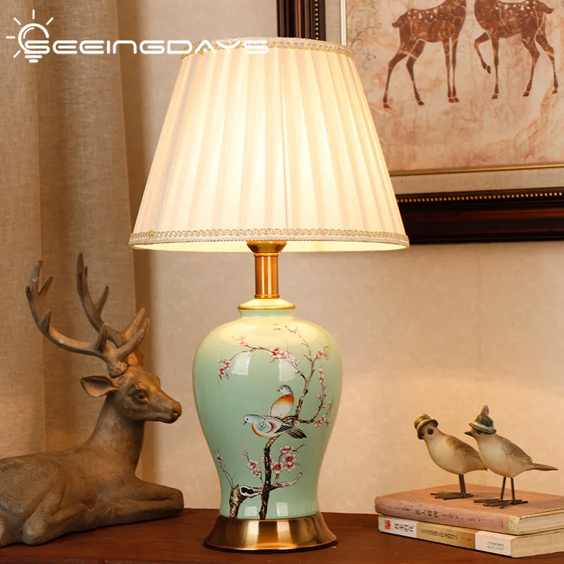 

New Chinese Flower And Birds Ceramic Table Lamp For Living Room Bedroom Home Bedroom Living Room Wedding Room Bedside Lamp