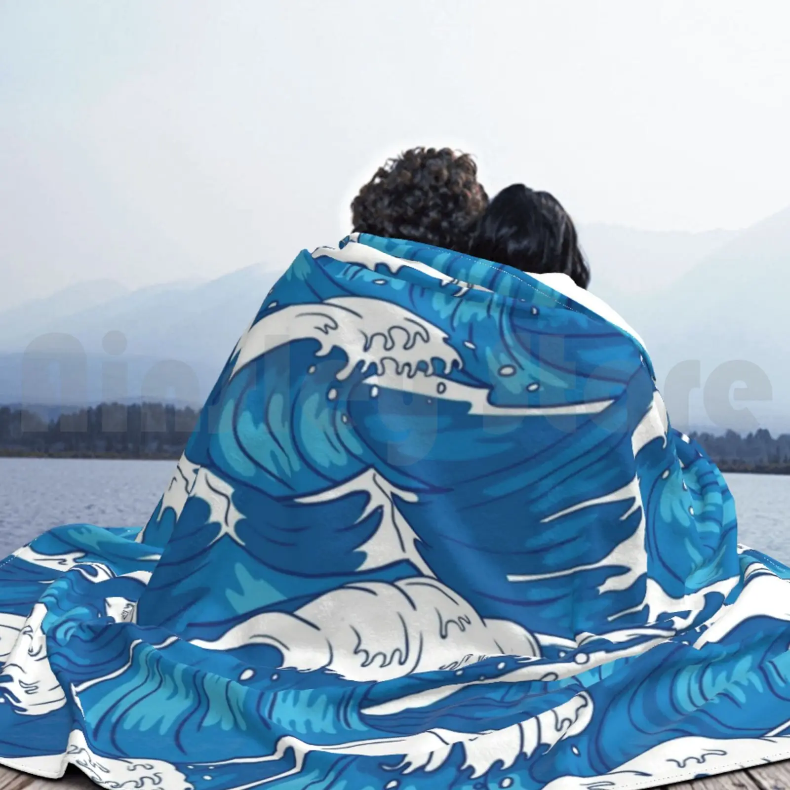 Koc z motywem fal błękitnego oceanu na sofę, łóżko, podróże, błękitny ocean, fale błękitnego oceanu, kolor, kolorowe fale, faliste, fale