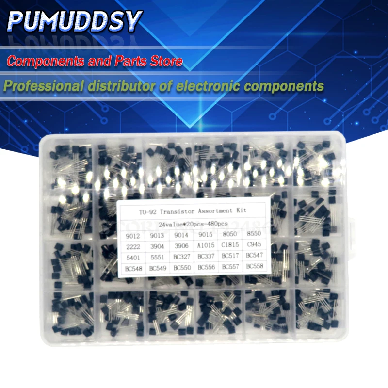 24Values TO-92 Transistor Assortment Assorted Kit Each BC327 BC337 BC517 BC547 BC548 BC549 2N2222 3906 3904 5401 5551 C945 1015